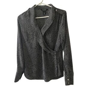 White House Black Market Womens 4 Black White Geometric Dot Wrap Blouse Top